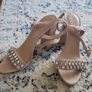 BLUSH PINK SUEDE ALDO RHINESTONE HEELS OPEN TOE